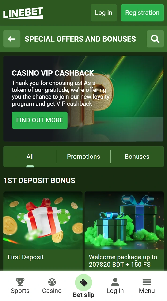 Bonuses and promotions at the Linebet platform.