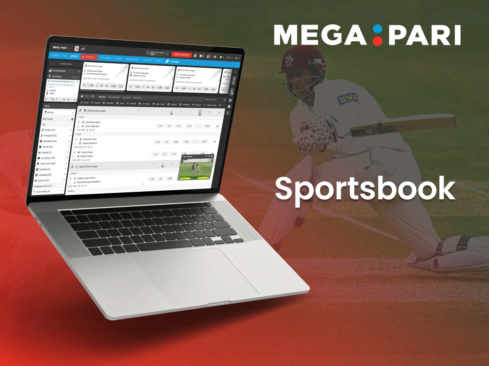 Place bets on a wide range of sports events worldwide with Megapari.