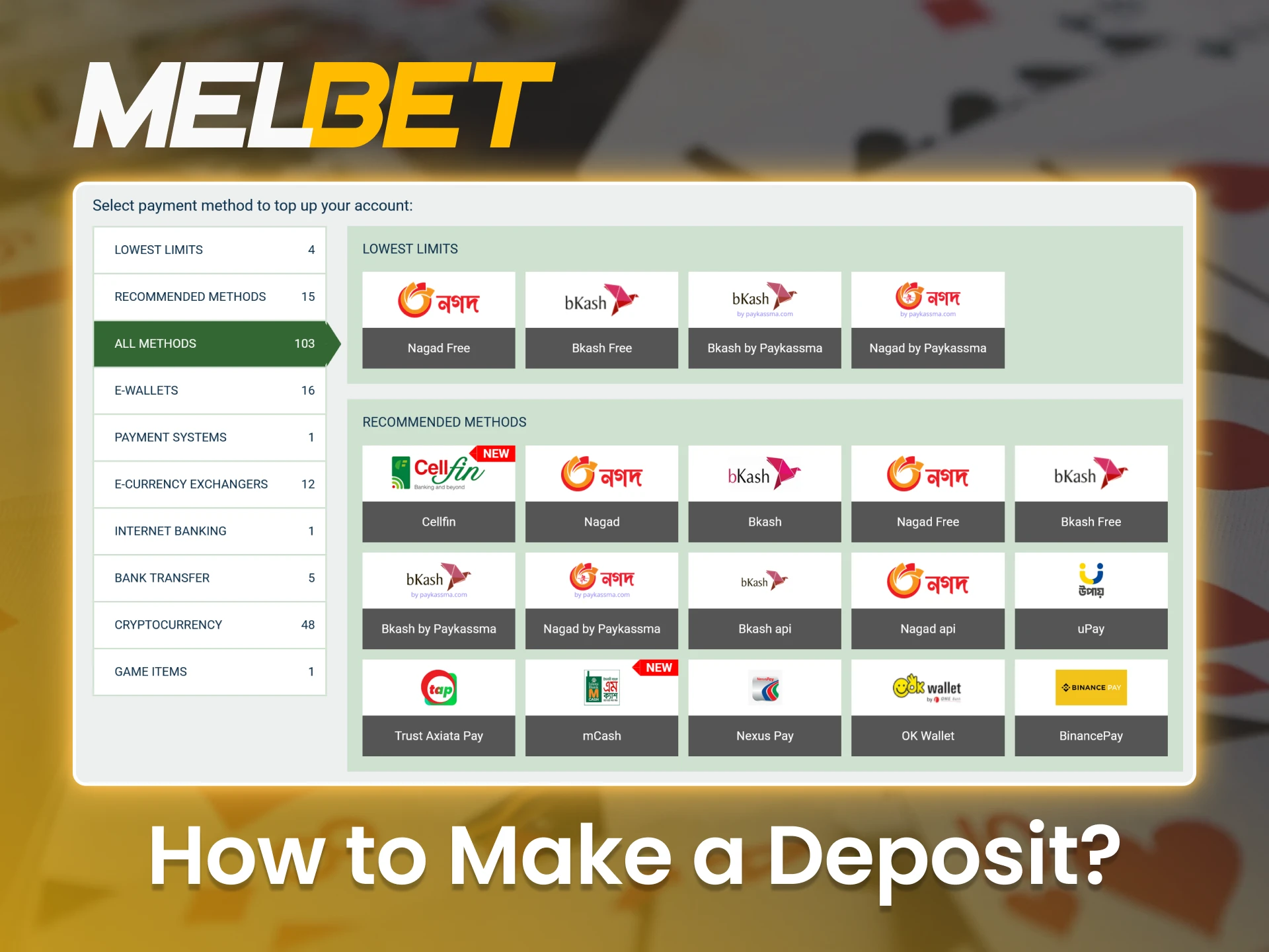 Top up your Melbet account without any issues using a variety of available payment systems.