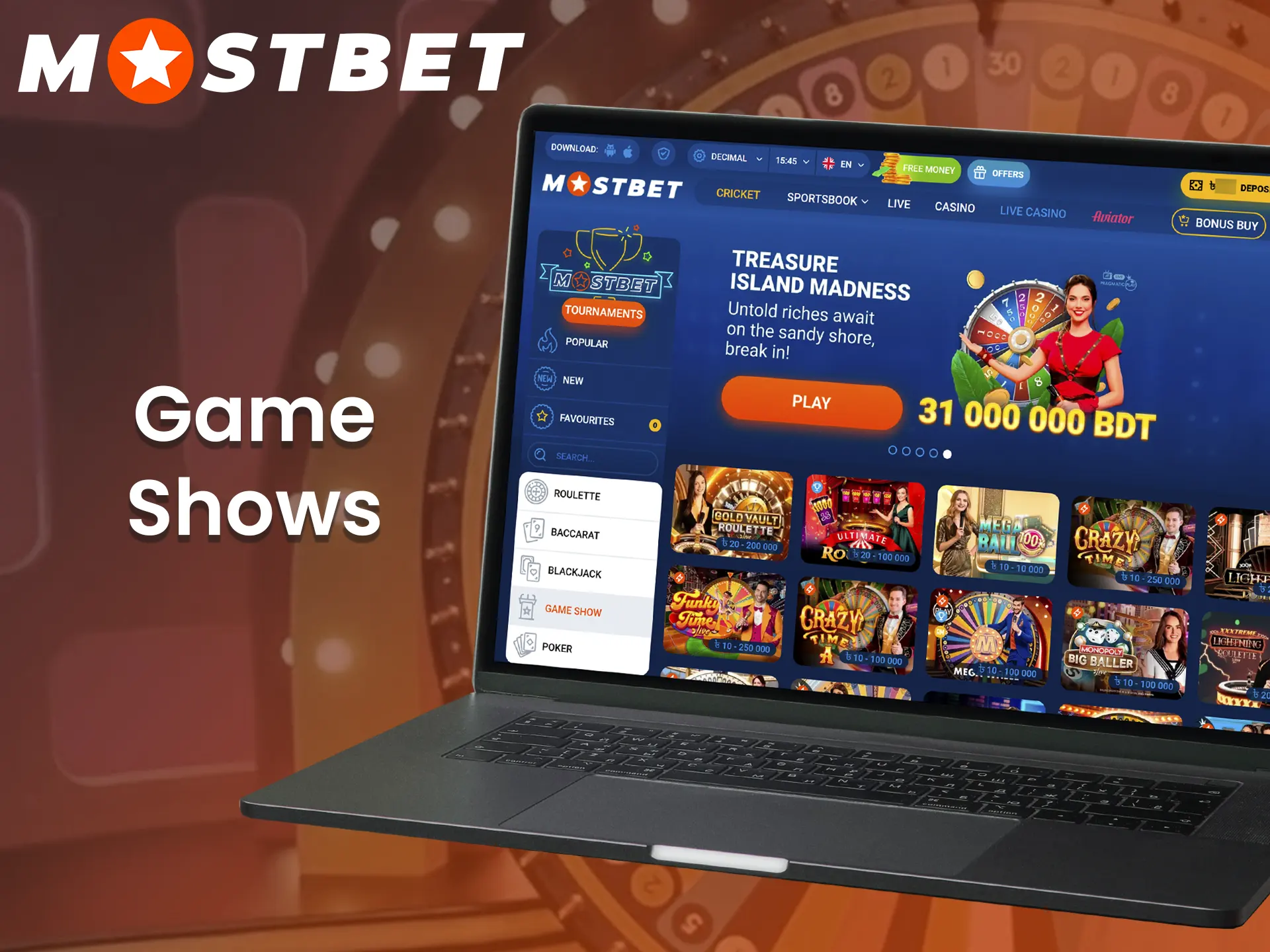 Get a unique experience playing game shows at Mostbet.