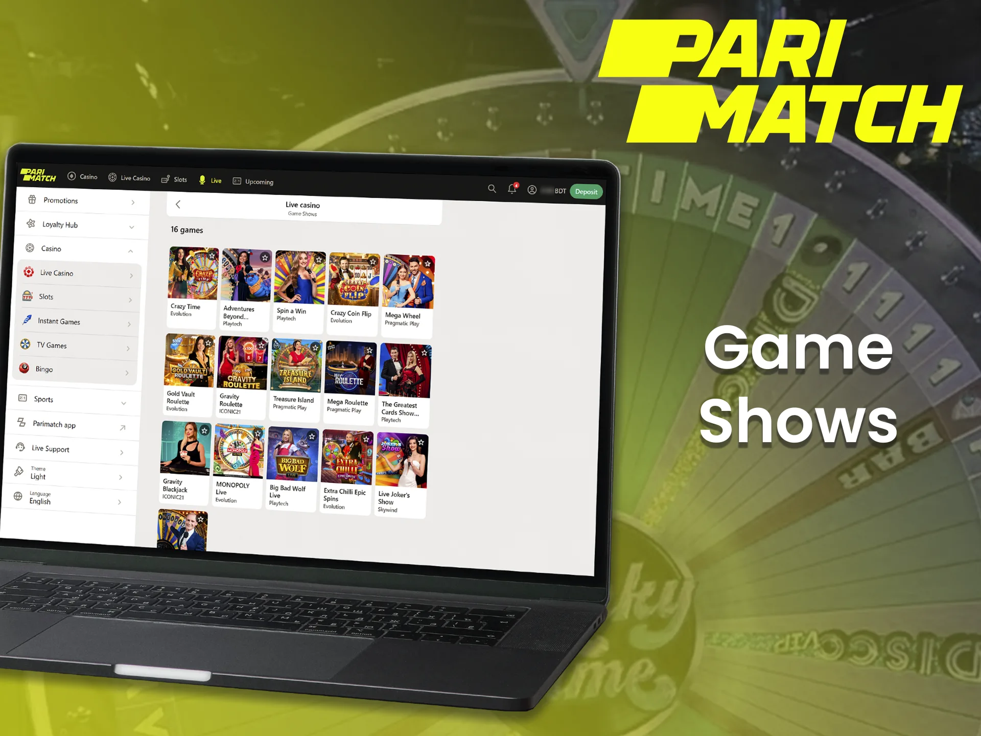 Enjoy popular live game shows at Parimatch platform.