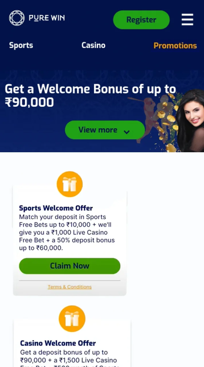 Pure Win bonuses page gives you exclusive rewards and promotions.
