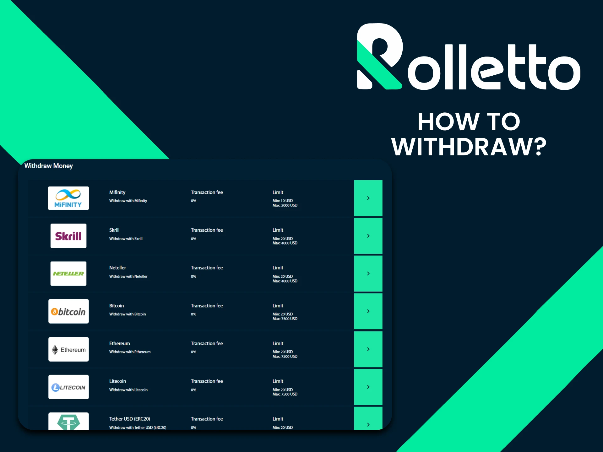Find out how to withdraw your winnings at Rolletto casino.