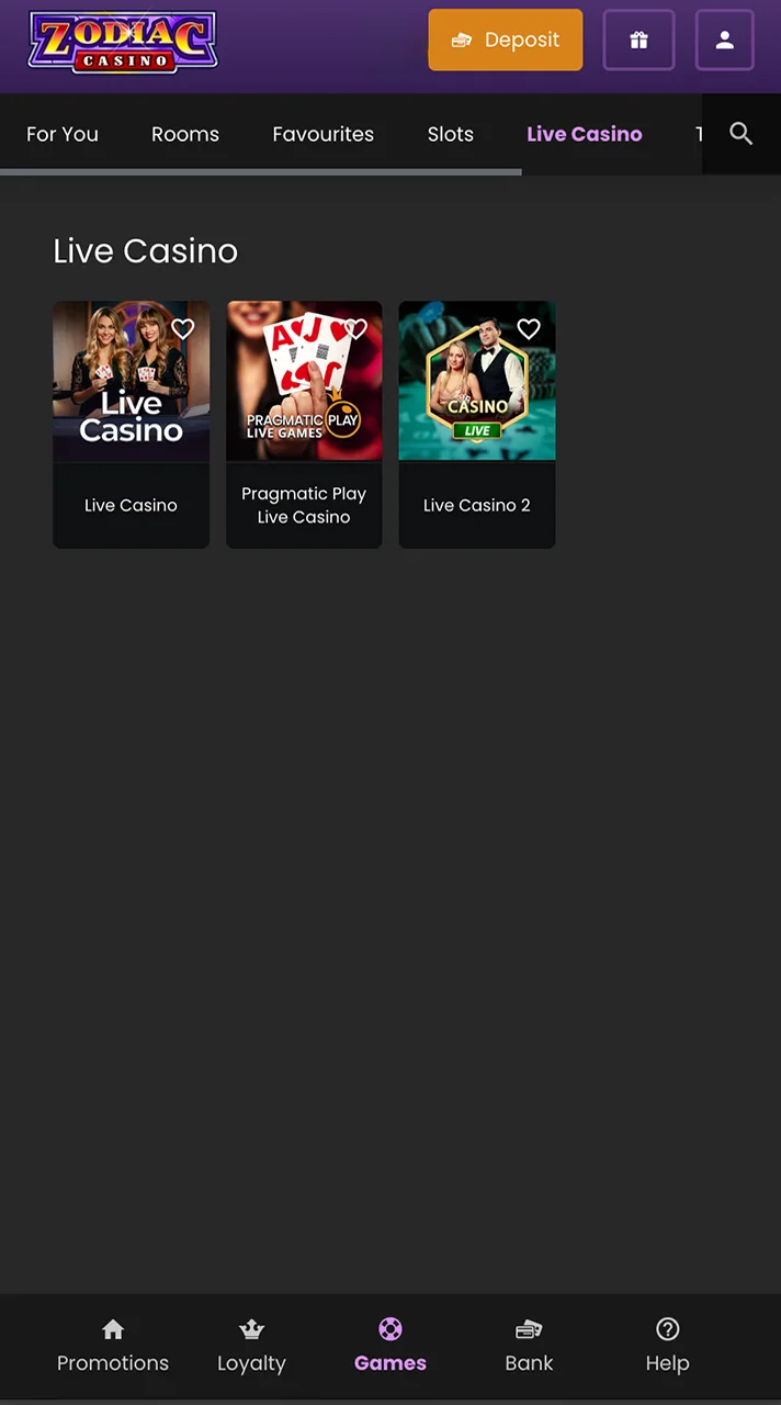 Zodiac live casino page experience real time action and big wins.