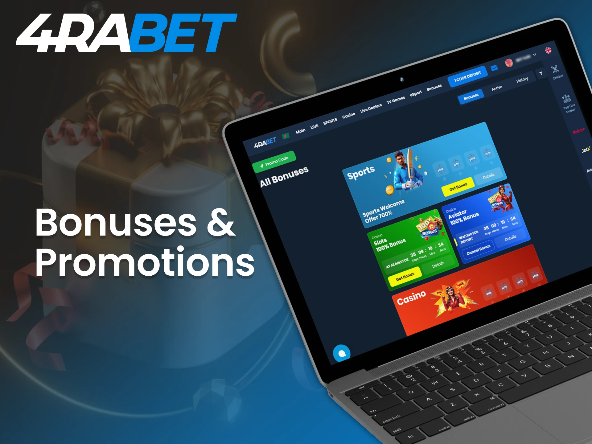 Claim your exclusive bonuses and start playing with extra funds at 4Rabet Casino.