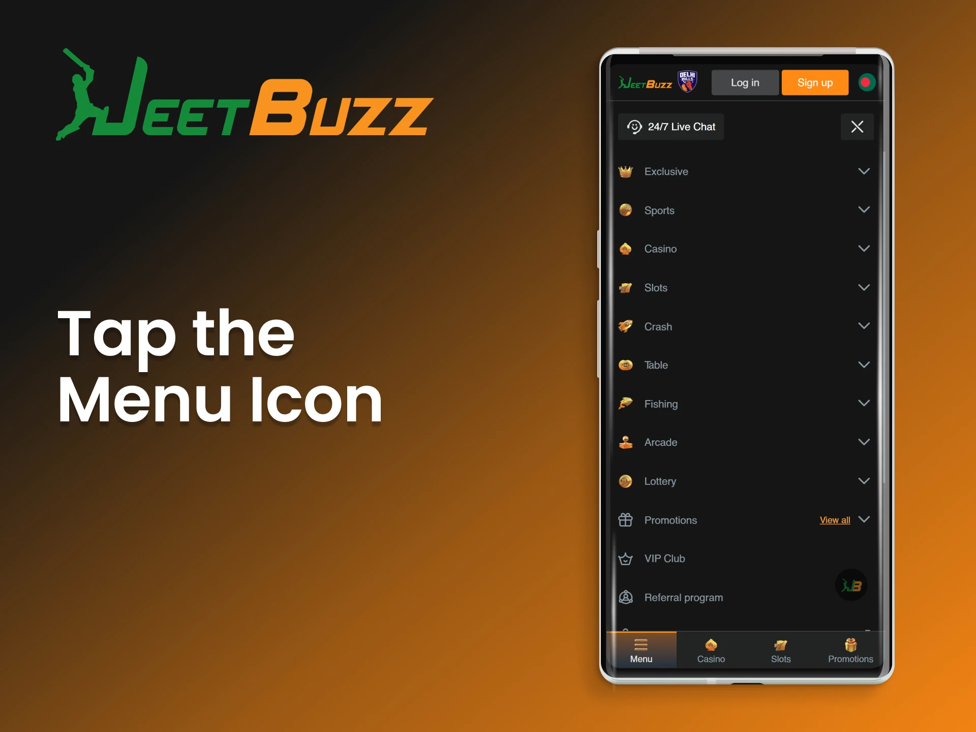 Tap the menu icon on the JeetBuzz website to find the Android download option.