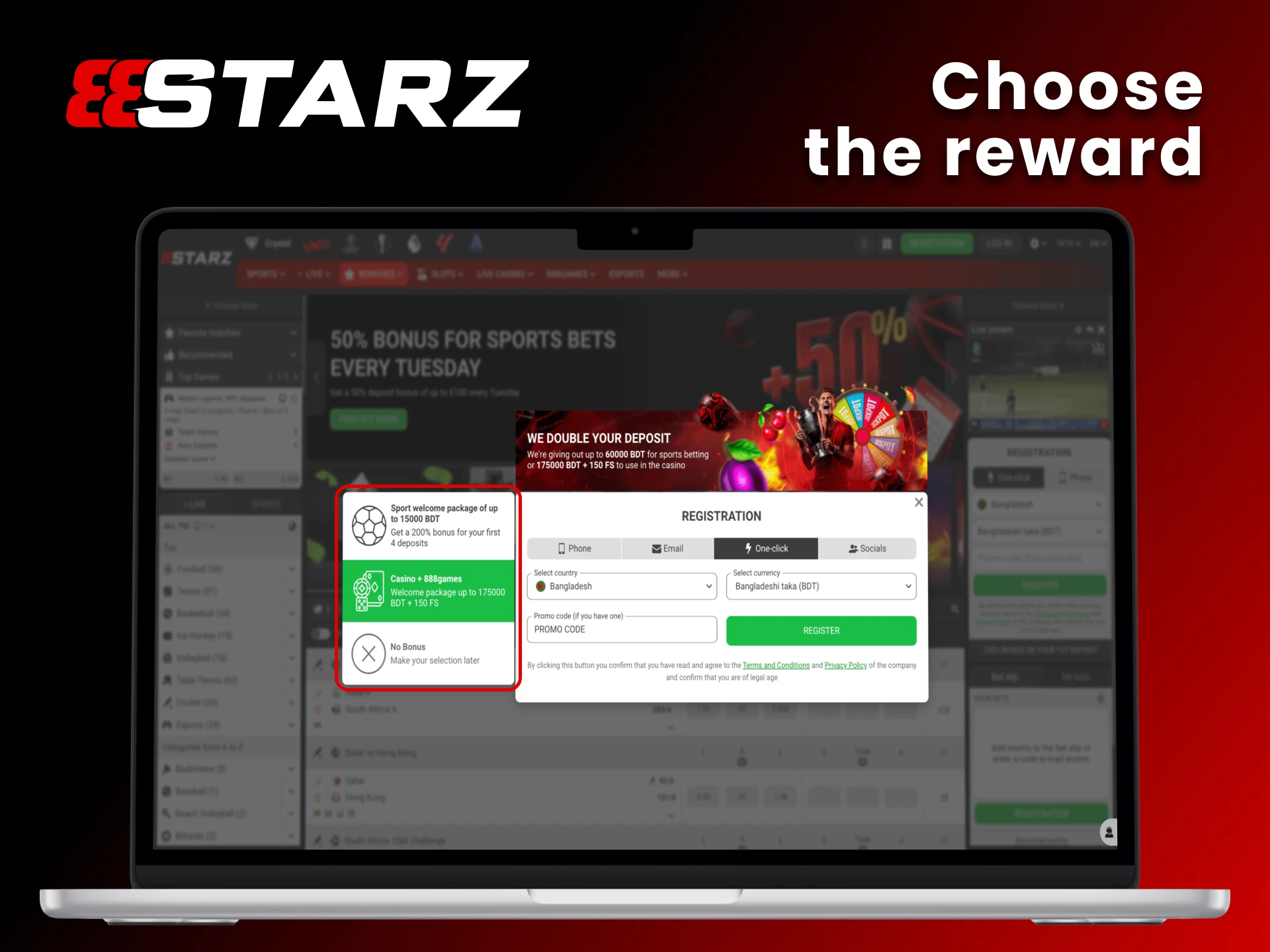 Choose the reward you prefer at 888Starz platform.