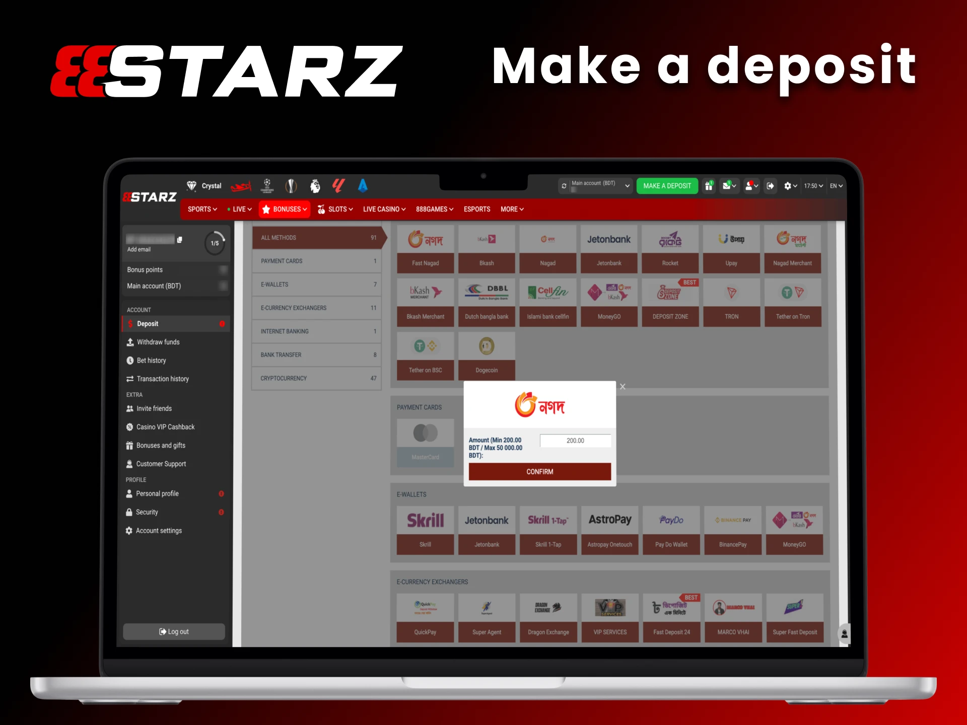 Complete registration and make your first deposit at 888Starz.