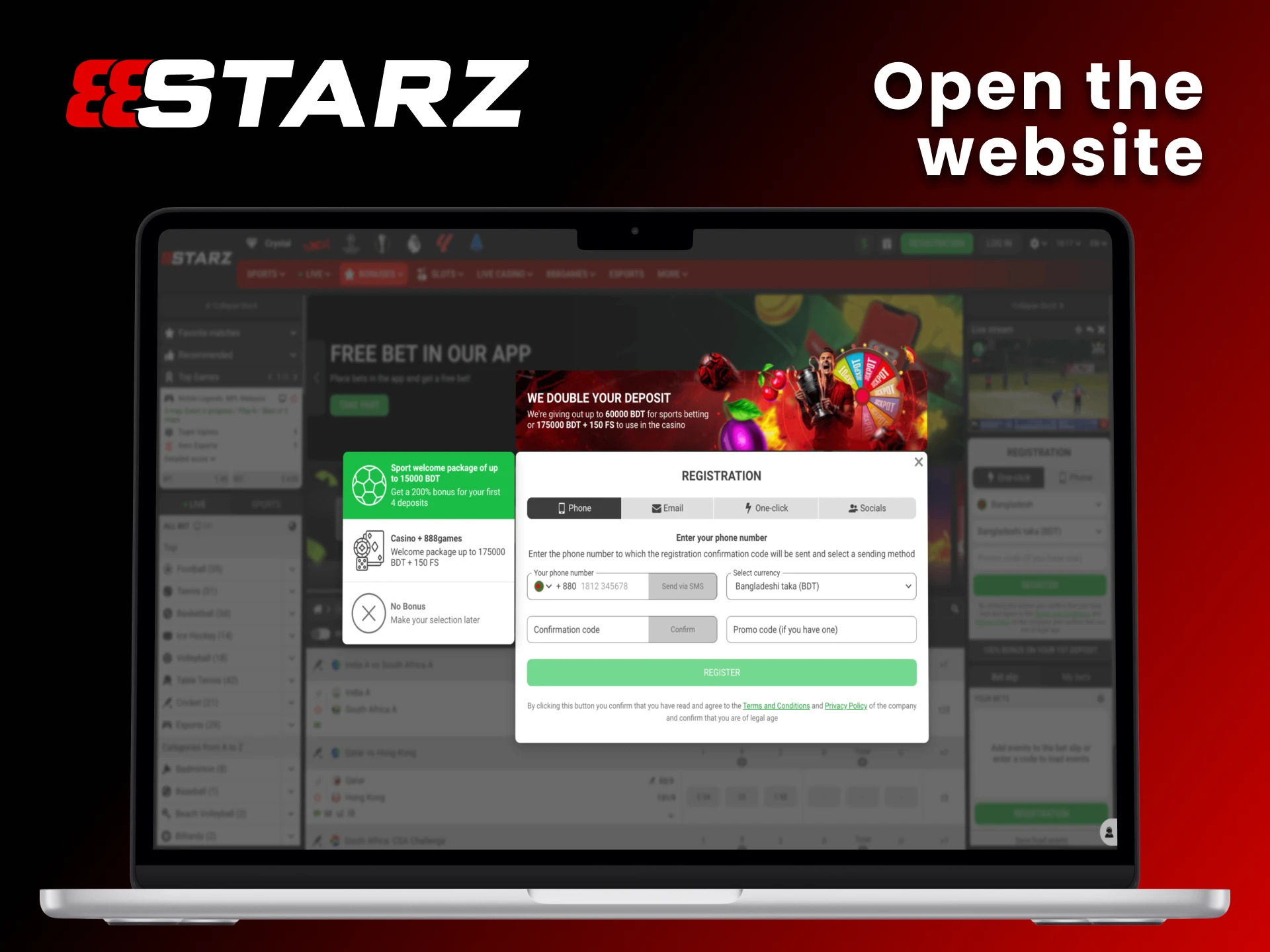 Open 888Starz official website and click the registration button.