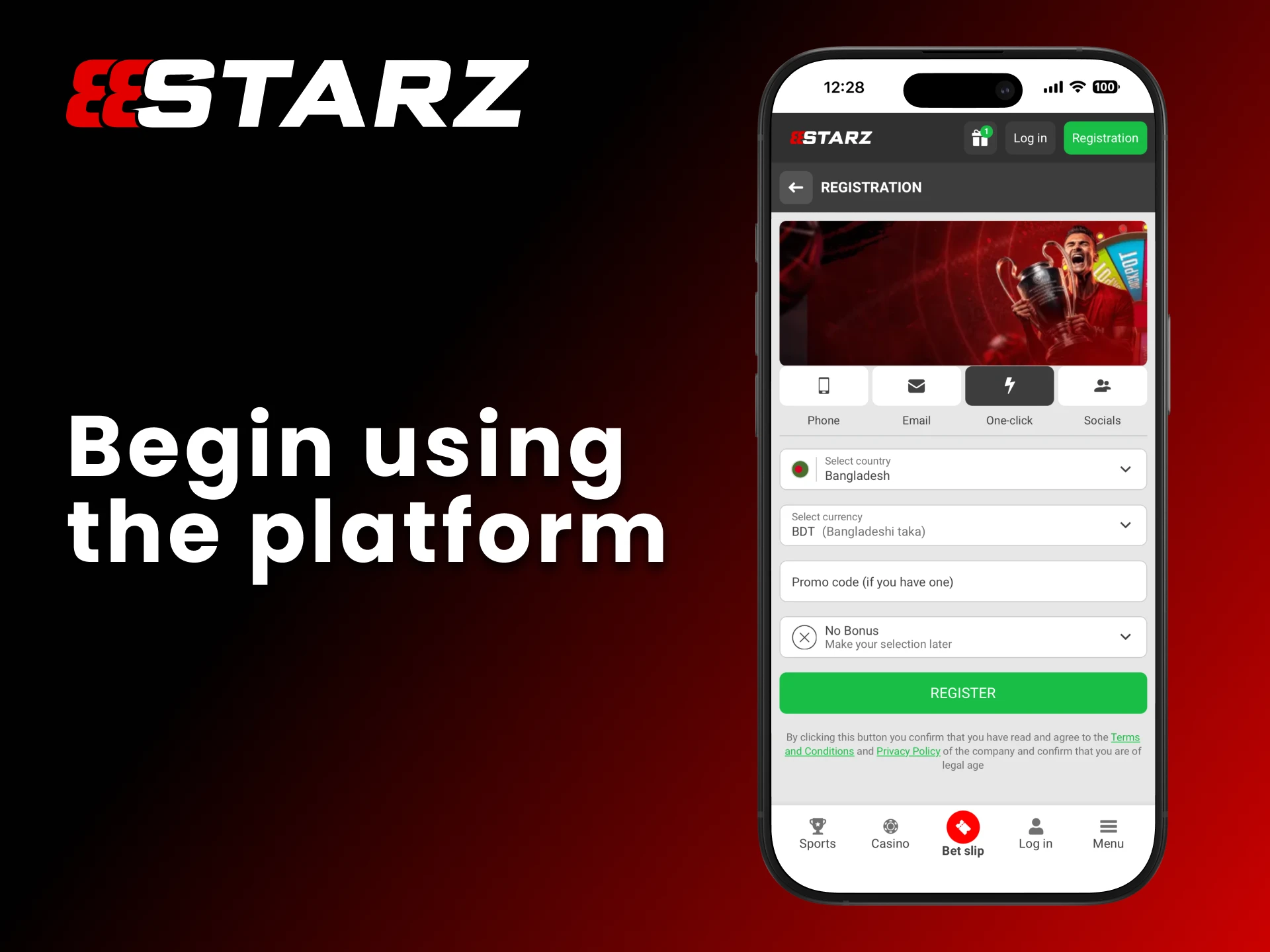 Register 888Starz new account to begin using the platform.
