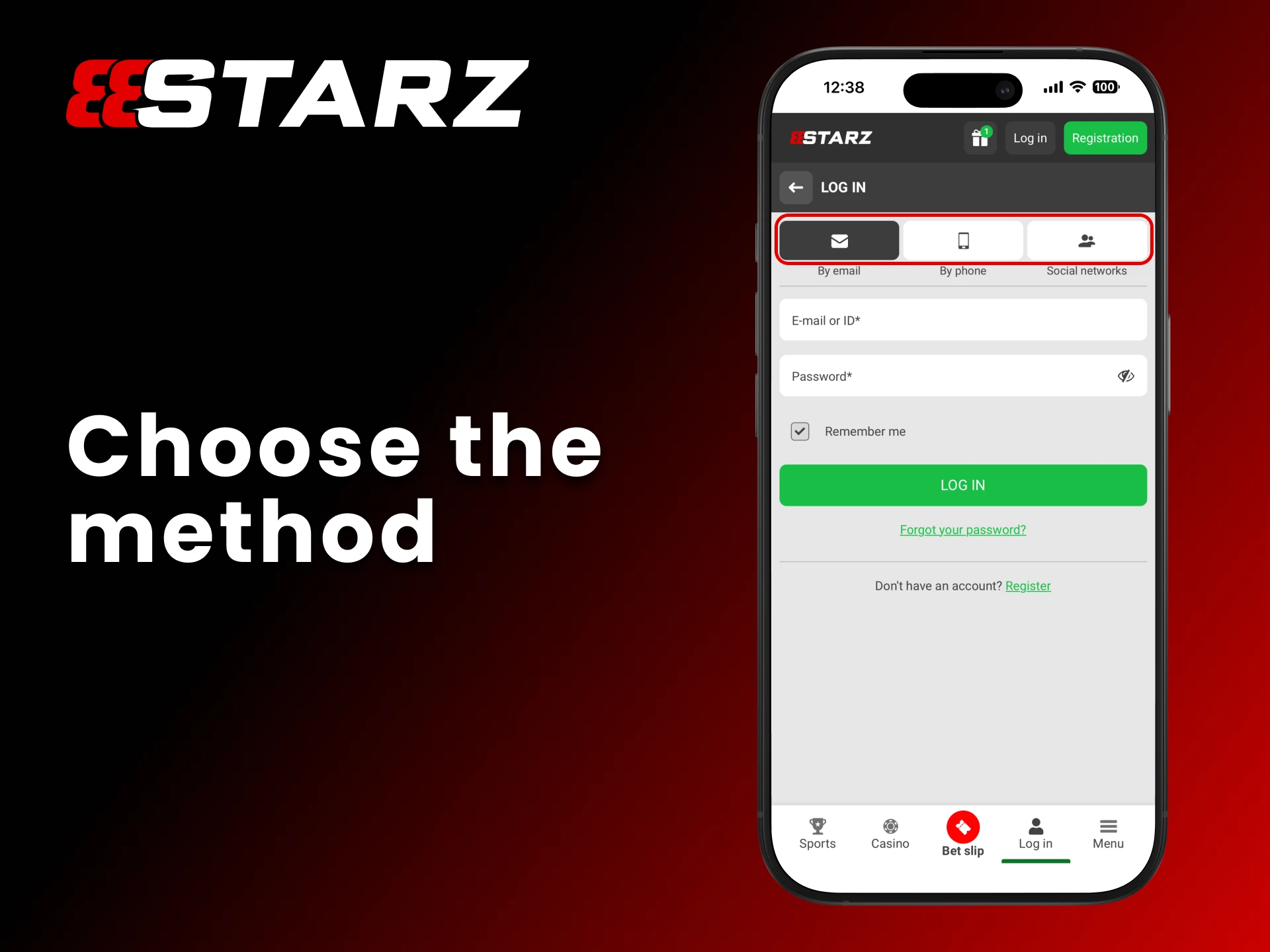 Choose the method of login to your 888Starz account.