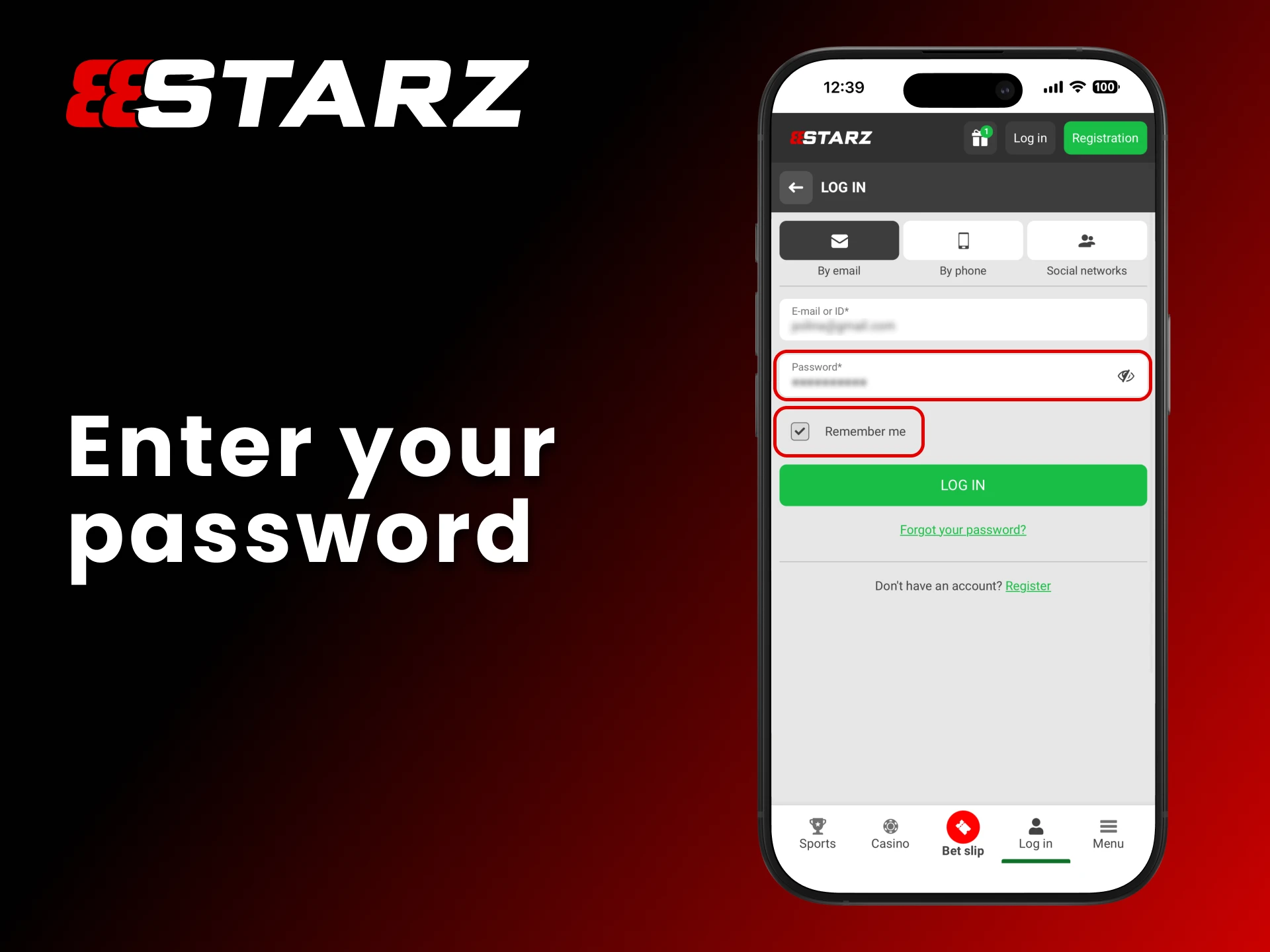 Enter your personal details in the 888Starz login form.