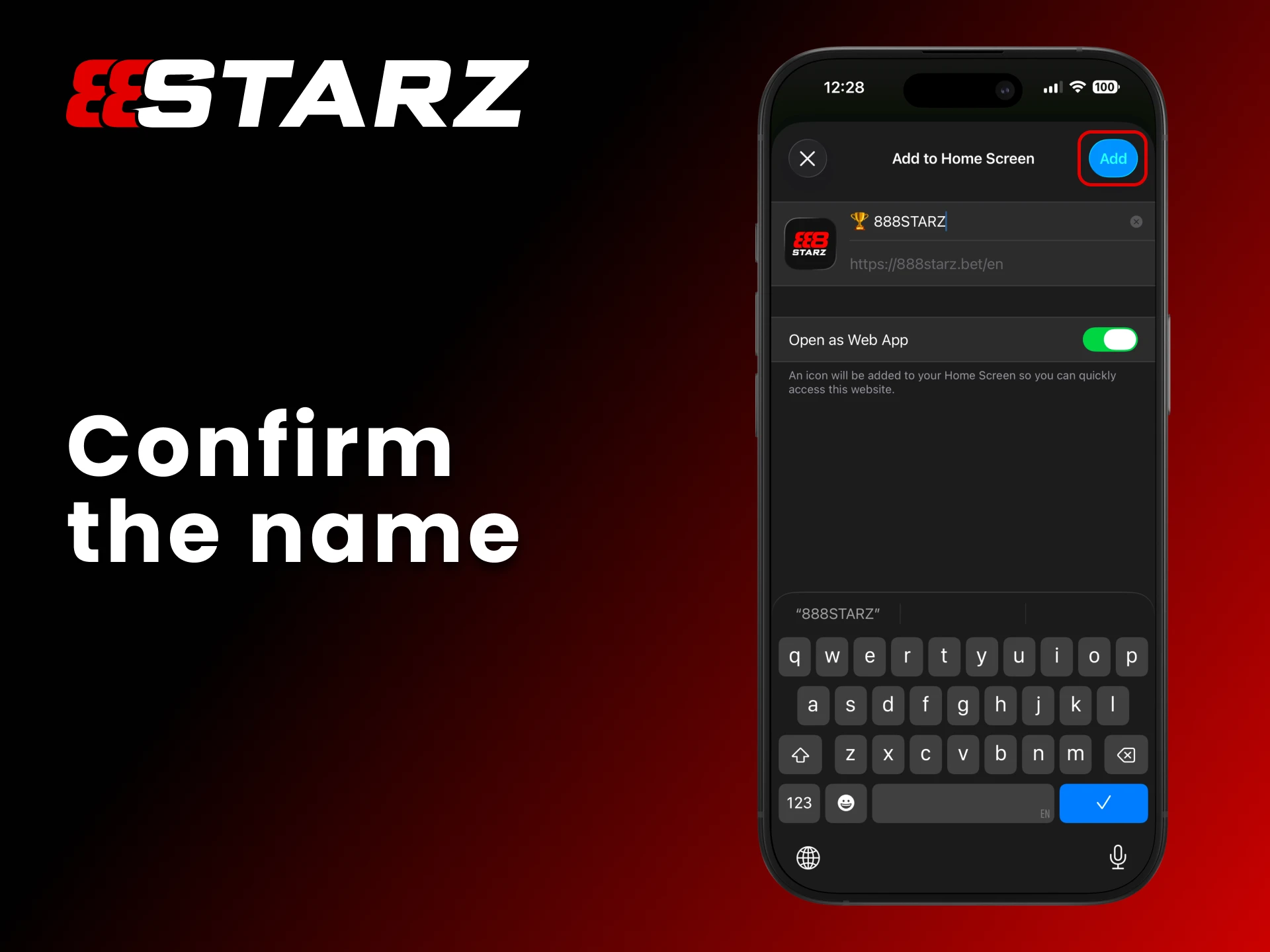 Confirm the 888Starz name and press add.