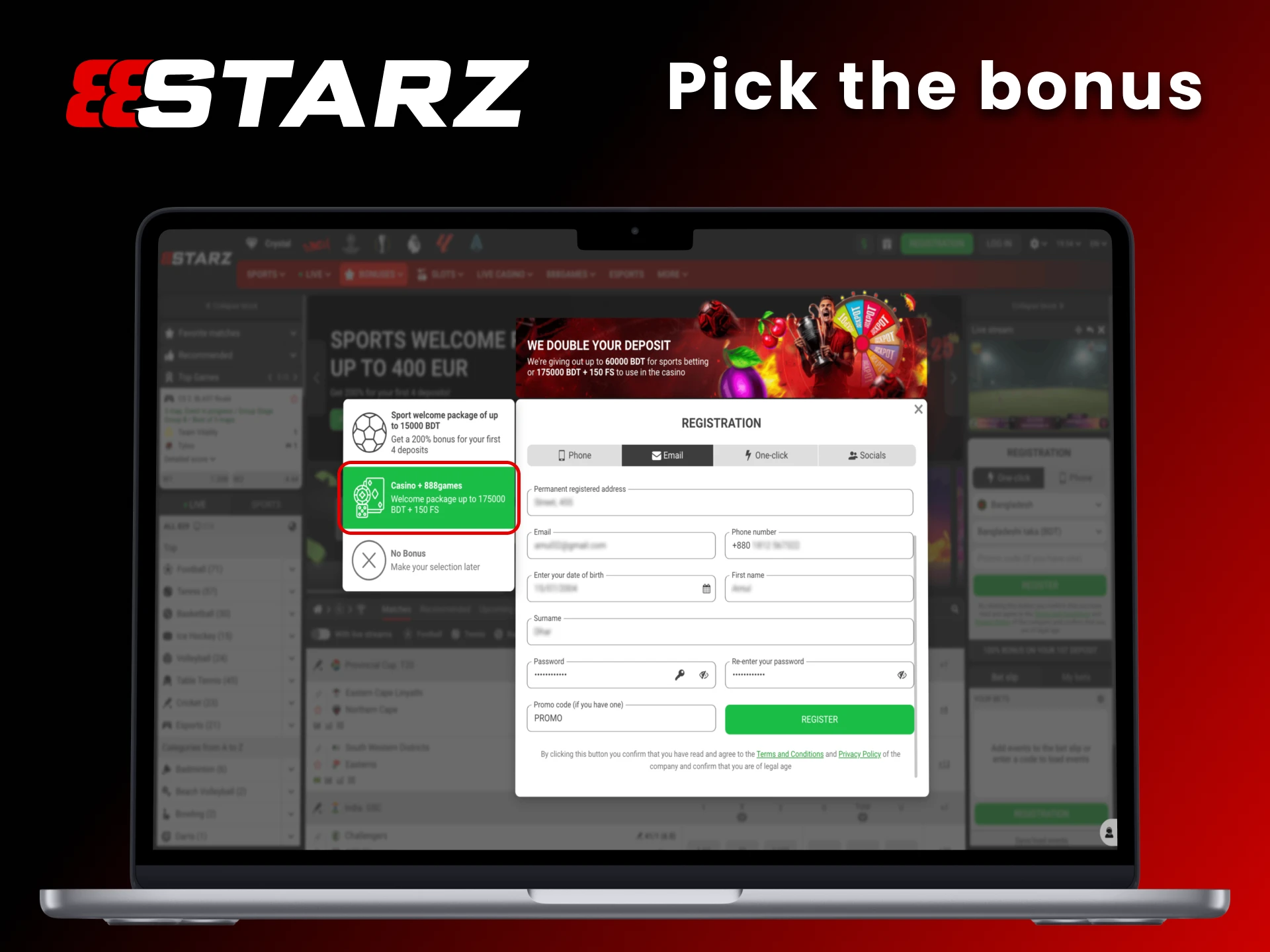 Pick casino or sports welcome bonus at 888Starz.