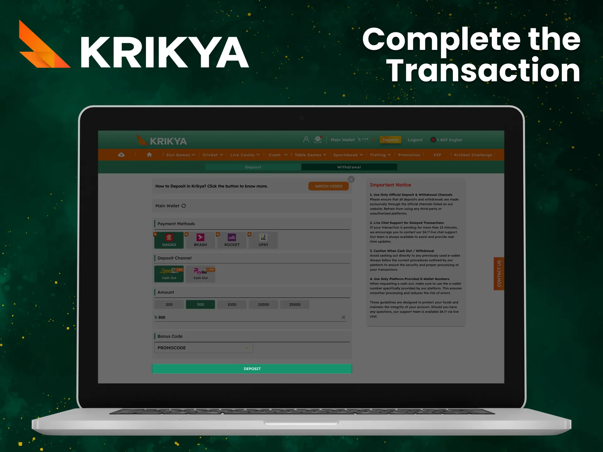 Confirm your deposit and wait for the funds to be credited to your Krikya account.