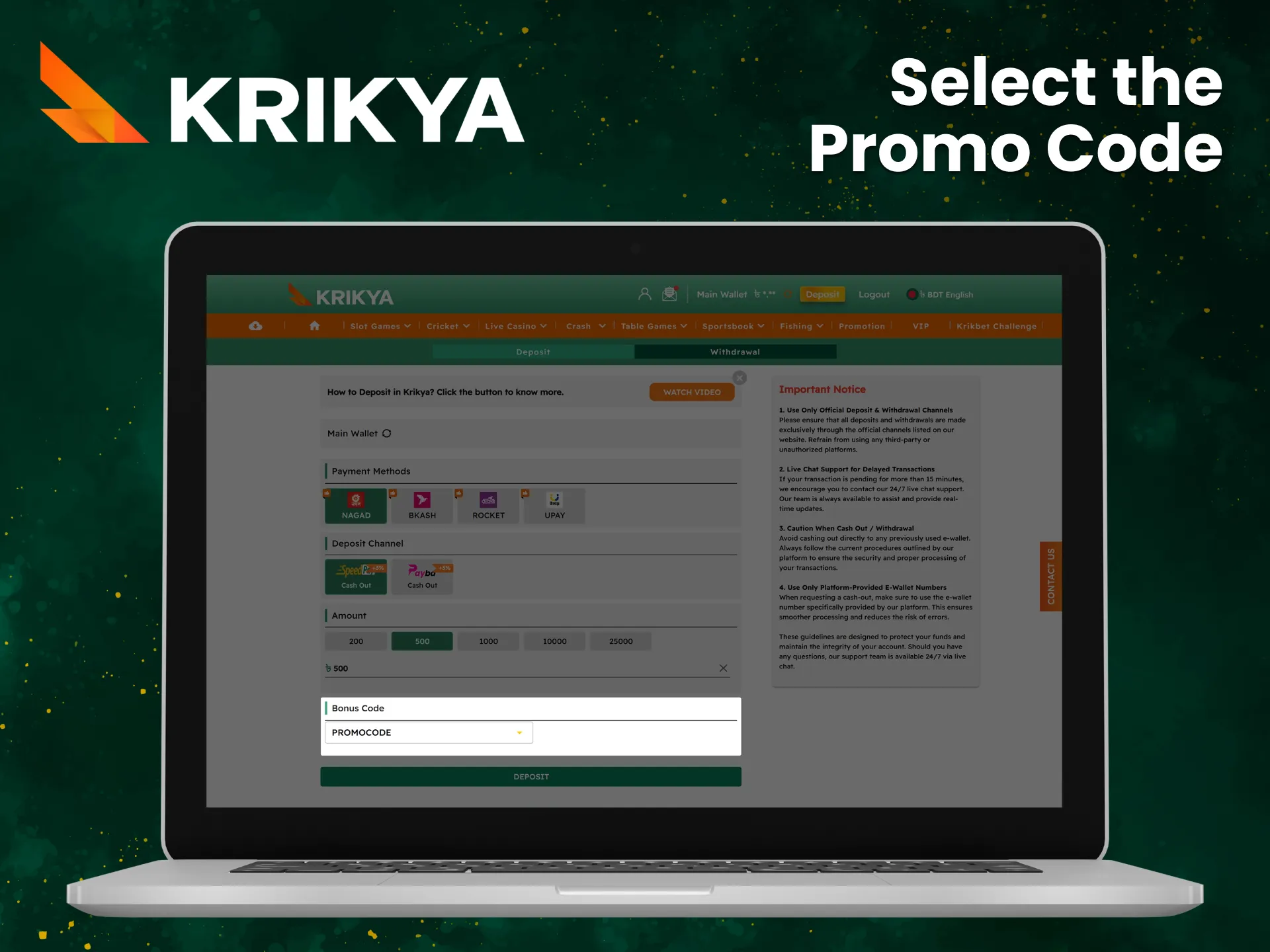 Select the Krikya promo code you want to use.