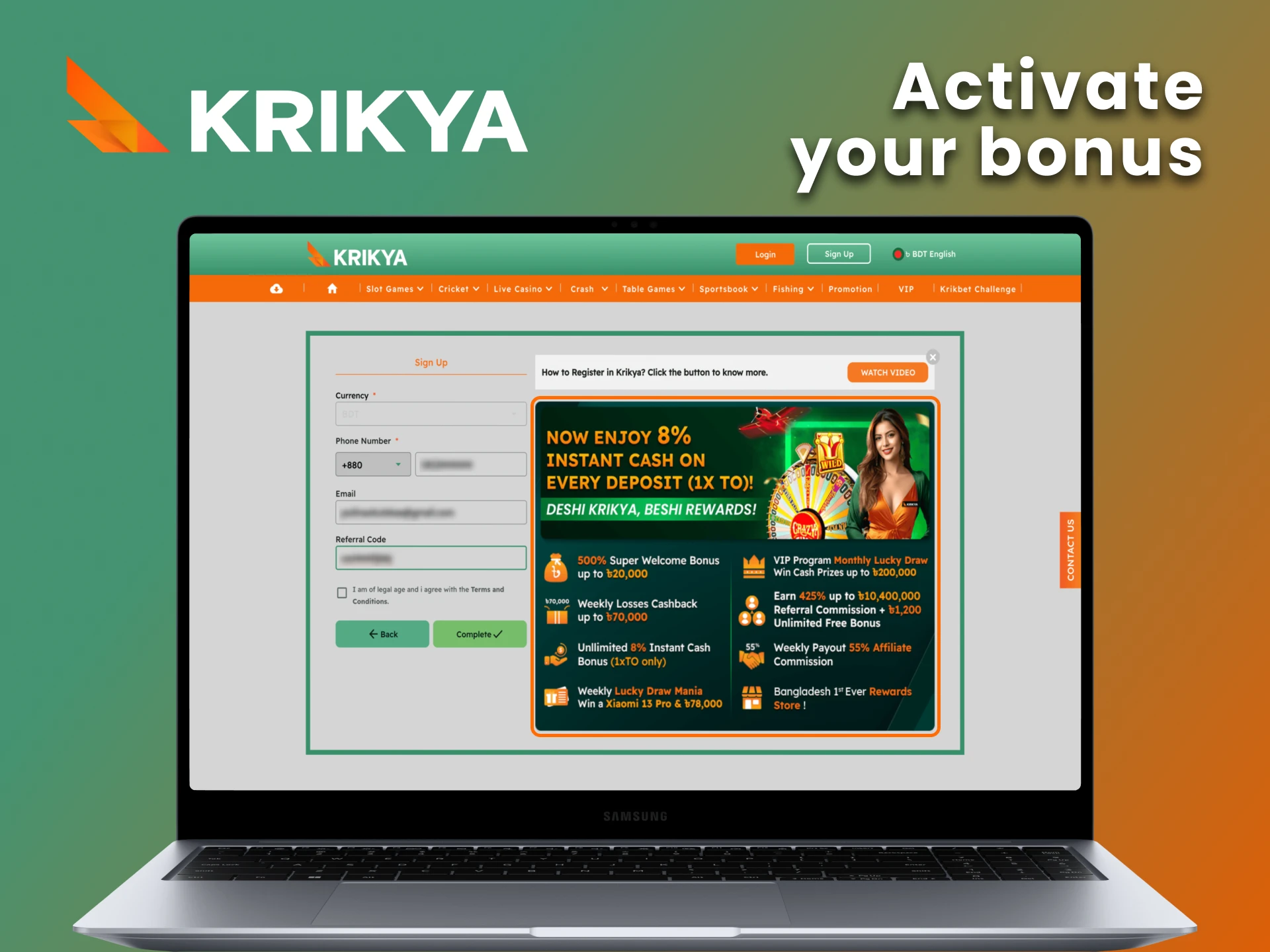 Activate your bonus automatically on Krikya site.