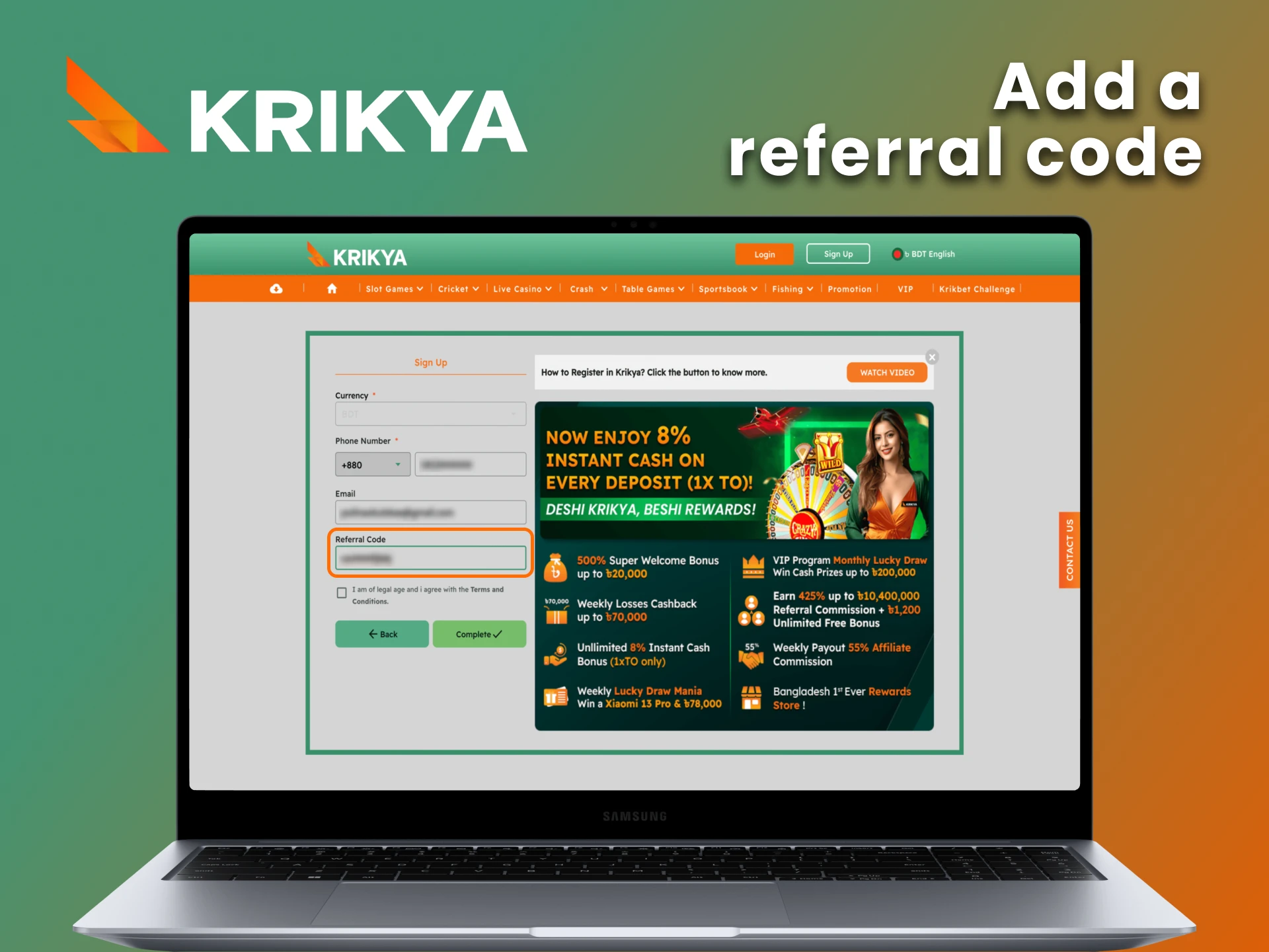 Enter a referral code in the appropriate field at Krikya.