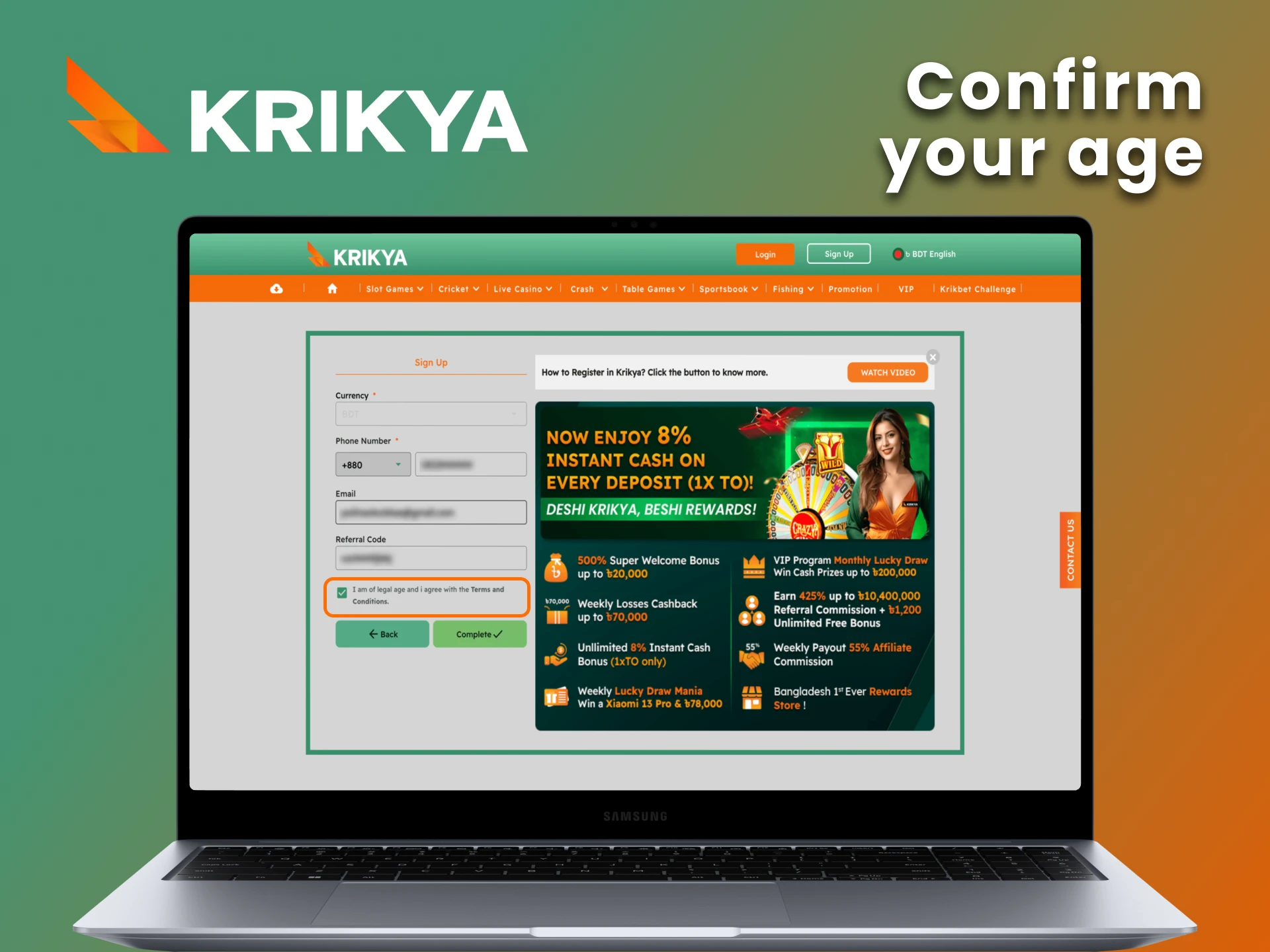 Check the box to confirm your age at Krikya platform.